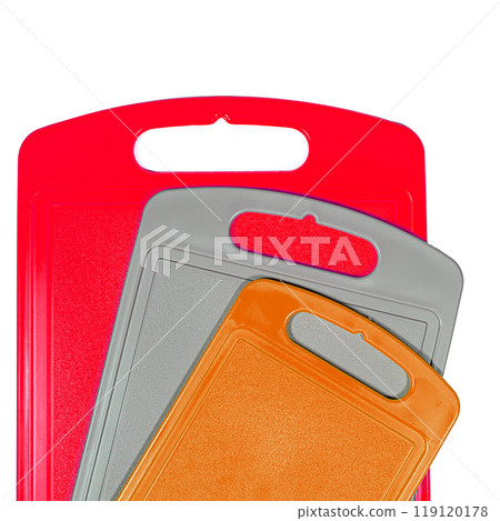 Chopping cutting board set on white background. Cutting boards plastic isolated set of three Chopping cutting board set on white background. Cutting boards plastic isolated set of three 119120178