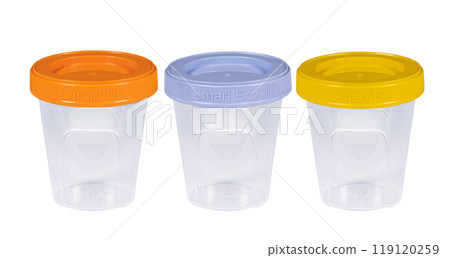 Plastic container set of three for drink food and foodstuffs with plastic cover. Colorful covers on long plastic container cup. Isolated on white background. Plastic container set of three for drink food and foodstuffs with plastic cover. Colorful covers on long plastic container cup. Isolated on white background. 119120259