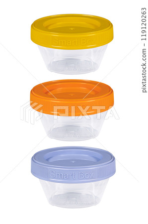Plastic container set of three for drink food and foodstuffs with plastic cover. Colorful covers on long plastic container cup. Isolated on white background. 119120263