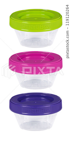 Plastic container set of three for drink food and foodstuffs with plastic cover. Colorful covers on long plastic container cup. Isolated on white background. 119120264