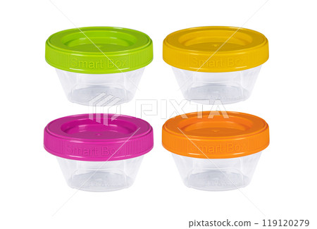 Plastic container set of four for drink food and foodstuffs with plastic cover. Colorful covers on long plastic container cup. Isolated on white background. 119120279