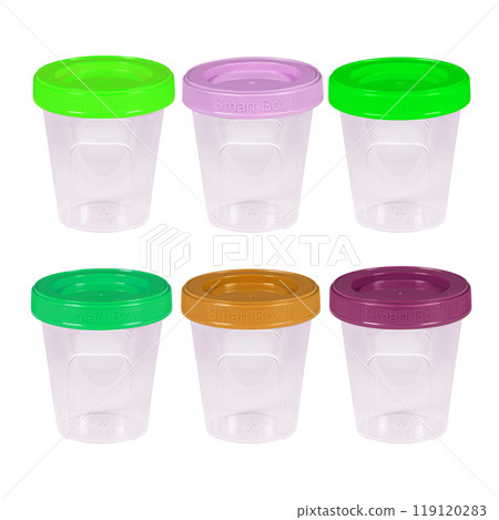 Plastic container set of six for drink food and foodstuffs with plastic cover. Colorful covers on long plastic container cup. Isolated on white background. 119120283