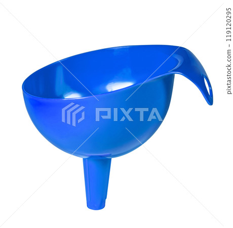 Blue plastic funnel isolated on white background. 119120295