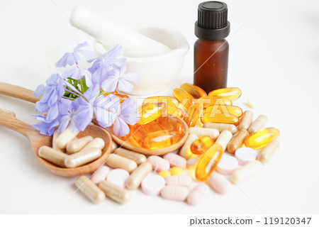 Alternative medicine herbal organic capsule with vitamin E omega 3 fish oil, mineral, drug with herbs leaf natural supplements for healthy good life. Alternative medicine herbal organic capsule with vitamin E omega 3 fish oil, mineral, drug with herbs leaf natural supplements for healthy good life. 119120347