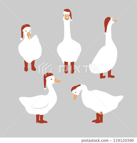 Cute cartoon goose set in Santa Claus hat and red boots. Merry Christmas characters collection. Vector isolated illustration 119120390