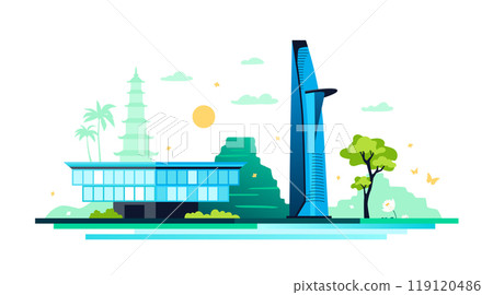 Vietnam modern buildings and nature - colored vector illustration Vietnam modern buildings and nature - colored vector illustration 119120486