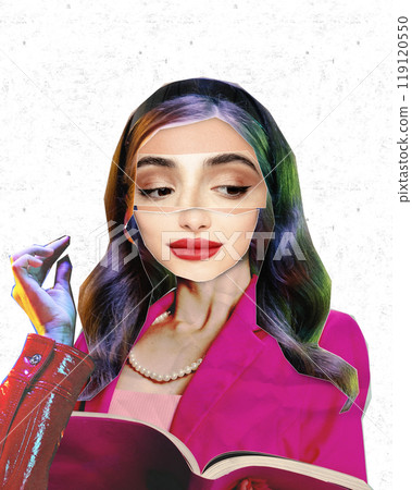 Woman with rainbow-tinted hair and pink blazer. Geometric facial features creating surreal and bold fashion look. Contemporary art collage. 119120550