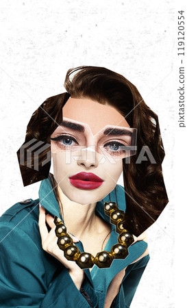 Elegant woman with bold red lips, chunky gold necklace, and teal jacket. Geometric cut-out face add chic, avant-garde fashion twist. Contemporary art collage. 119120554