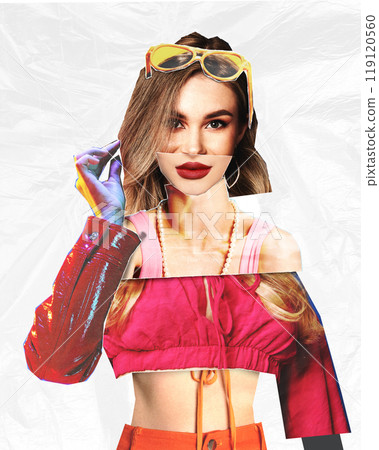 Woman in bright pink with yellow sunglasses, pearl necklace, and red lips. Geometric, cut-out face. Contemporary art collage. Woman in bright pink with yellow sunglasses, pearl necklace, and red lips. Geometric, cut-out face. Contemporary art collage. 119120560