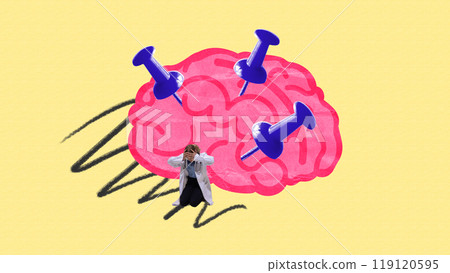 Brain under pressure, with medical professionals overwhelmed by mental strain. Illustrates need for mental health treatment and stress management. Contemporary art collage. 119120595