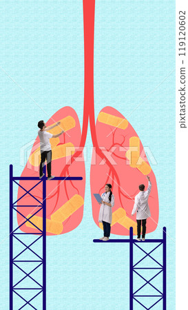 Doctors repairing damaged lungs with patches, representing medical efforts in treating lung diseases caused by smoking or pollution. Contemporary art collage. Doctors repairing damaged lungs with patches, representing medical efforts in treating lung diseases caused by smoking or pollution. Contemporary art collage. 119120602