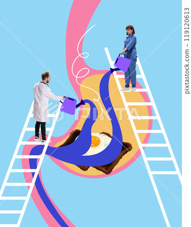 Medical workers, doctors dousing flames in stomach, symbolizing treatments for heartburn and acid reflux through medicine and lifestyle changes. Contemporary art collage. 119120613