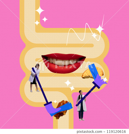 Clean digestive system with doctors working to remove blockages. Medical workers illustrate how treatments can help restore digestive health and function. Contemporary art collage. Clean digestive system with doctors working to remove blockages. Medical workers illustrate how treatments can help restore digestive health and function. Contemporary art collage. 119120616