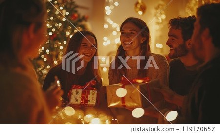 Friends exchanging Christmas presents in front of a decorated tree with warm lights. Festive indoor celebration full of joy and laughter. 119120657