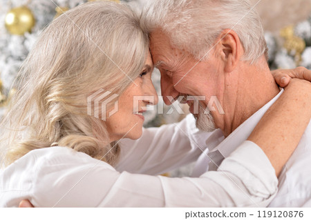 couple old and mature seniors enjoying and having fun together celebrating the new year  119120876