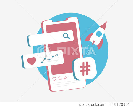 SEO and hashtag strategies for boosting post visibility. Optimize social media content with targeted hashtags, keyword research and smart SEO tactics to improve reach and discoverability illustration 119120905