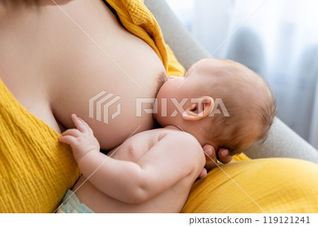 Mother breastfeeding her newborn baby while sitting comfortably at home 119121241