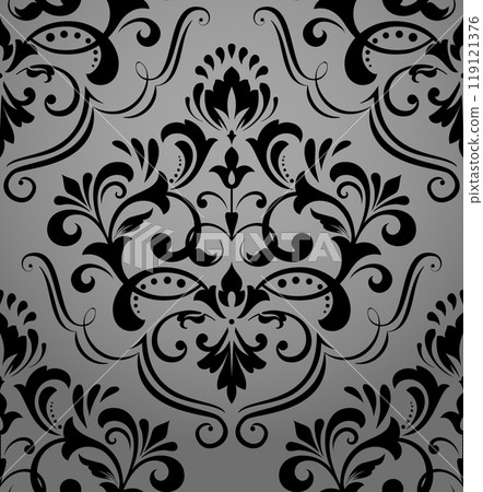 Wallpaper in the style of Baroque. Seamless vector background. Gray and black floral ornament. Graphic pattern for fabric, wallpaper, packaging. Ornate Damask flower ornament 119121376
