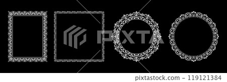 Set of decorative frames Elegant vector element for design in Eastern style, place for text. Floral black and white borders. Lace illustration for invitations and greeting cards. Set of decorative frames Elegant vector element for design in Eastern style, place for text. Floral black and white borders. Lace illustration for invitations and greeting cards. 119121384