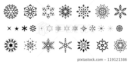 Snowflakes icon collection. Graphic modern black and white ornament. Snowflakes icon collection. Graphic modern black and white ornament. 119121386