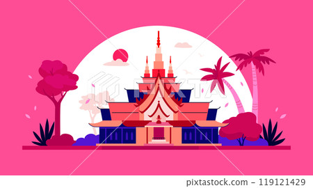 Thai temple at sunset - modern colored vector illustration Thai temple at sunset - modern colored vector illustration 119121429