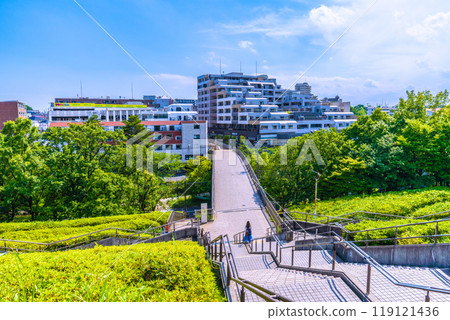 Yokohama cityscape in Japan, overlooking Kitayamada Station on the Yokohama Municipal Subway Green Line 119121436