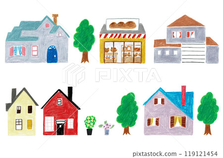 Hand-drawn illustration: Set of houses and plants 119121454