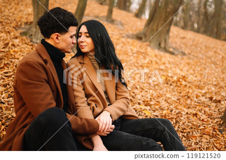 Young couple in love walking in the park on a autumn day. Enjoying time together. 119121520