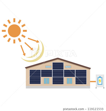 Illustration of a solar power generation system using solar panels installed on the wall of a house Illustration of a solar power generation system using solar panels installed on the wall of a house 119121533
