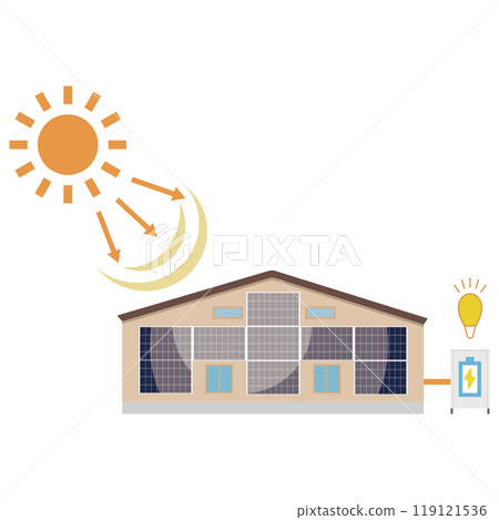 Illustration of a solar power generation system using solar panels installed on the wall of a house 119121536