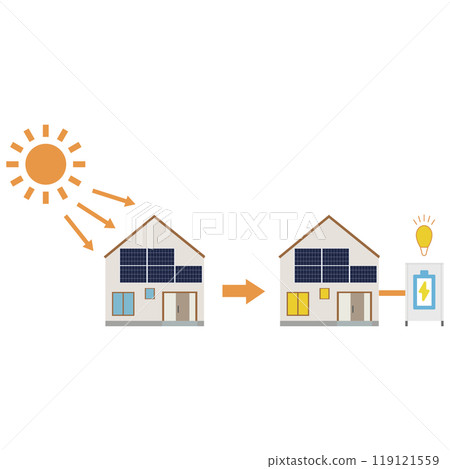 Illustration of a solar power generation system using solar panels installed on the wall of a house Illustration of a solar power generation system using solar panels installed on the wall of a house 119121559