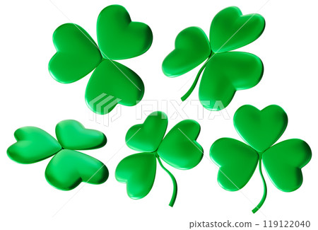 Vibrant, green three leaf clovers set, isolated on white background. Luck and spirit of St. Patrick's Day, perfect for festive designs and celebration themes. Cut out clover, shamrock. 3D render. 119122040