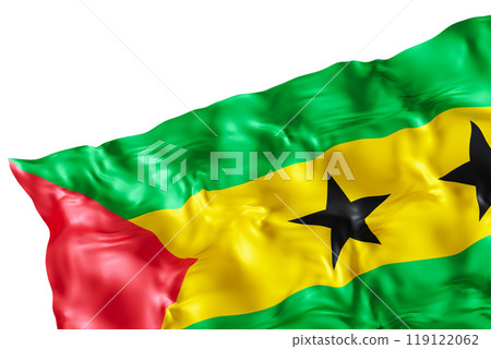 Realistic flag of Sao Tome with folds, isolated on white background. Footer, corner design element. Cut out. Perfect for patriotic themes or national event promotions. 3D render. 119122062