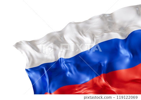 Realistic flag of Russia with folds, isolated on white background. Footer, corner design element. Cut out. Perfect for patriotic themes or national event promotions. 3D render. 119122069