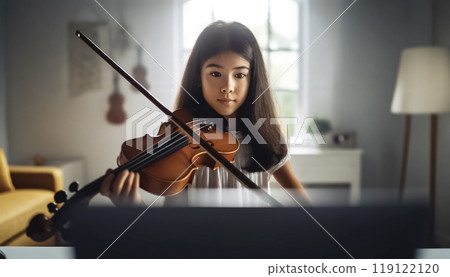 In a sunlit cozy room, a focused young girl with fair skin practices violin through an online tutorial, her violin ready by her side, signaling her dedication to mastering the instrument. 119122120