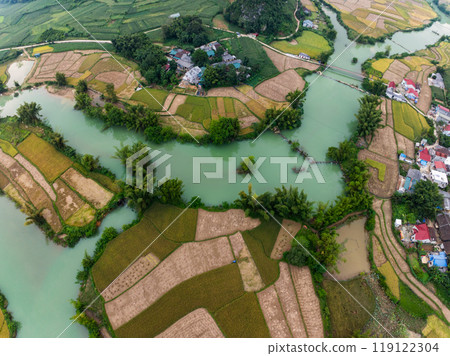 Aerial wide angle view of landscape with rice field at Phong Nam village in Trung Khanh, Cao Bang province,Northern Vietnam 119122304