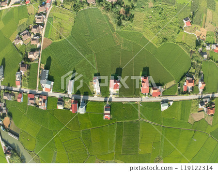 Amazing landscape nature view Rice fields and mountains in Bac Son valley, Lang Son,Northern Vietnam, Seen from above, High angle view Amazing landscape nature view Rice fields and mountains in Bac Son valley, Lang Son,Northern Vietnam, Seen from above, High angle view 119122314