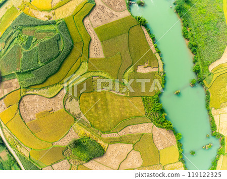 Aerial wide angle view of landscape with rice field at Phong Nam village in Trung Khanh, Cao Bang province,Northern Vietnam Aerial wide angle view of landscape with rice field at Phong Nam village in Trung Khanh, Cao Bang province,Northern Vietnam 119122325