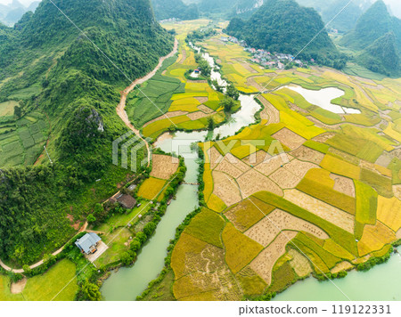 Aerial wide angle view of landscape with rice field at Phong Nam village in Trung Khanh, Cao Bang province,Northern Vietnam 119122331