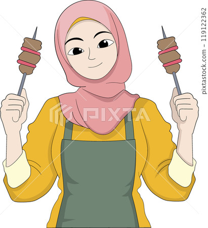 beautiful muslim girl wearing hijab carrying delicious roast meat typical of middle east 119122362