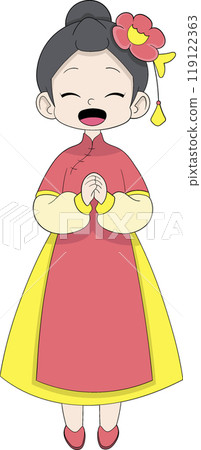 beautiful woman wearing traditional Chinese clothes welcoming friendly 119122363