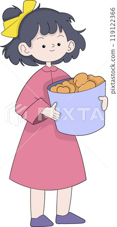 Cute Asian Girl Holding A Bucket Filled With Crispy Fried Chicken Pieces 119122366