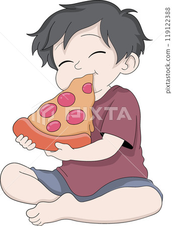 Happy Child Eagerly Eating A Large Slice Of Pizza In Cartoon Style Happy Child Eagerly Eating A Large Slice Of Pizza In Cartoon Style 119122388