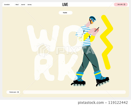 Creative workspace, modern flat vector concept illustration of a man working rollerblading with a phone, Remote work, flexibility, independence, efficiency, mobility, synergy, freedom 119122442