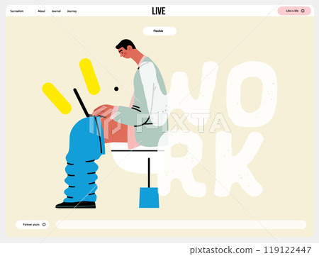 Creative workspace, modern flat vector concept illustration of a man working sitting on the toilet with a computer Remote work, flexibility, independence, efficiency, mobility, synergy, freedom Creative workspace, modern flat vector concept illustration of a man working sitting on the toilet with a computer Remote work, flexibility, independence, efficiency, mobility, synergy, freedom 119122447