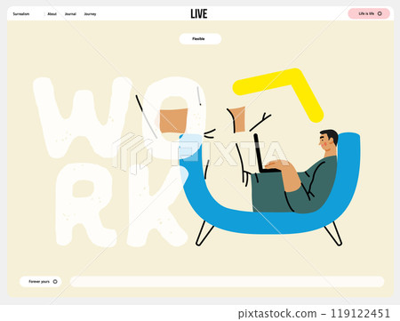 Creative workspace, modern flat vector concept illustration of a man working laying down with a computer Remote work, flexibility, independence, efficiency, mobility, synergy, freedom Creative workspace, modern flat vector concept illustration of a man working laying down with a computer Remote work, flexibility, independence, efficiency, mobility, synergy, freedom 119122451
