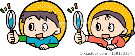 Child with magnifying glass popping out of frame 119123194