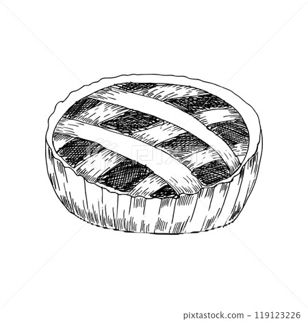 Fall pastry apple pie ink graphics illustration. Line art style vector icon, fresh backed tart or cake with autumn fruits for American thanksgiving festival design, poster, label, packing Fall pastry apple pie ink graphics illustration. Line art style vector icon, fresh backed tart or cake with autumn fruits for American thanksgiving festival design, poster, label, packing 119123226