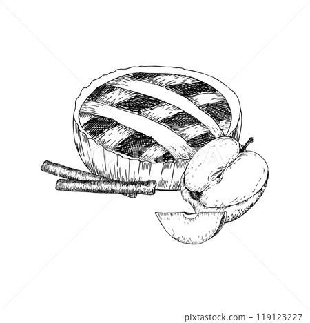 Traditional apple pie with cinnamon sticks and apple slices ink graphics. Autumn baked cake , engraving food illustration for product packing, bakery logo, label design. Line art sketch sweet food Traditional apple pie with cinnamon sticks and apple slices ink graphics. Autumn baked cake , engraving food illustration for product packing, bakery logo, label design. Line art sketch sweet food 119123227