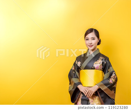 Woman wearing a kimono, image material with a gold background 119123280